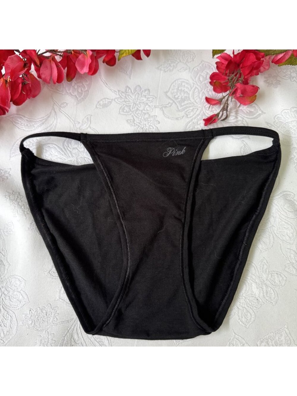 PINK VICTORIA'S SECRET XS BLACK STRING BIKINI PANTIES COTTON BLEND NWT